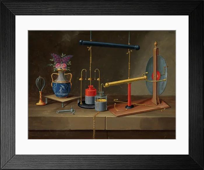 Framed Print : Electricity: condenser jars, an electro-static generator, and a vase with flowers, (18--?). Creator: Paul Lelong Framed Print : Electricity: condenser jars, an electro-static generator, and a vase with flowers, (18--?). Creator: Paul Lelong