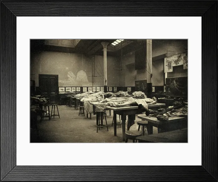 Framed Print : The interior of a dissecting room in Edinburgh, with half-covered cadavers on benches, 1889. Creator: Unknown Framed Print : The interior of a dissecting room in Edinburgh, with half-covered cadavers on benches, 1889. Creator: Unknown