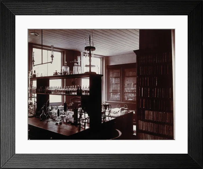 Framed Print : The interior of a pharmaceutical or chemical laboratory with a bench... c1890s. Creator: Unknown Framed Print : The interior of a pharmaceutical or chemical laboratory with a bench... c1890s. Creator: Unknown