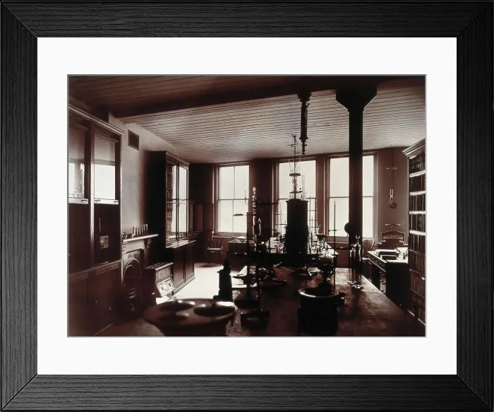 Framed Print : The interior of a pharmaceutical or chemical laboratory, with two long benches in the centre, glass. Creator: Unknown Framed Print : The interior of a pharmaceutical or chemical laboratory, with two long benches in the centre, glass. Creator: Unknown