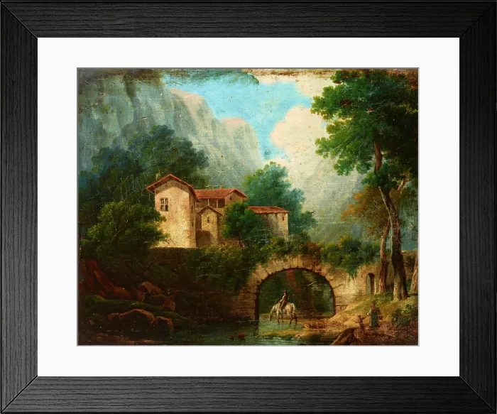 Framed Print : Landscape with a Bridge, 19th century. Creator: Unknown Framed Print : Landscape with a Bridge, 19th century. Creator: Unknown