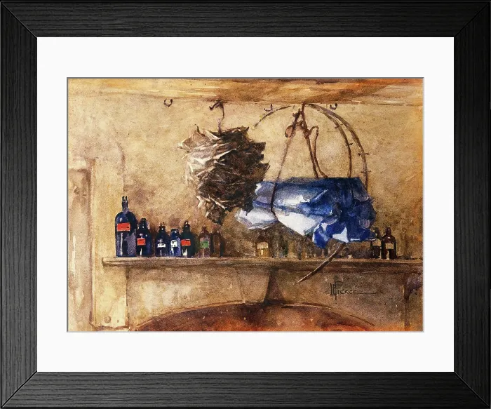 Framed Print : A shelf of bottles containing medicinal chemicals... 1910-1950. Creator: Lucy Elizabeth Pierce Framed Print : A shelf of bottles containing medicinal chemicals... 1910-1950. Creator: Lucy Elizabeth Pierce