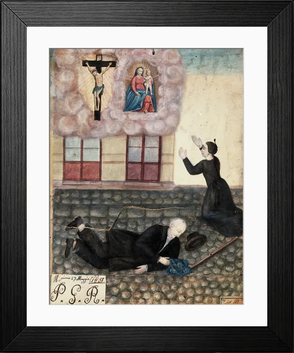 Framed Print : A man falling over on a cobbled street in Rome, his wife praying to Sansovino's Virgin... 1851 Framed Print : A man falling over on a cobbled street in Rome, his wife praying to Sansovino's Virgin... 1851