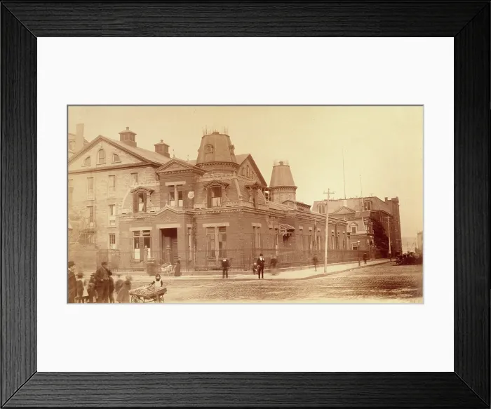 Framed Print : Bellevue Hospital, New York City: a street corner with hospital buildings and people, 1885-1898. Creator: Unknown Framed Print : Bellevue Hospital, New York City: a street corner with hospital buildings and people, 1885-1898. Creator: Unknown