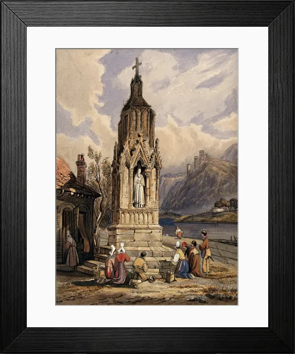 Framed Print : People near a river praying before the figure of a saint on a memorial cross. Creator: Unknown Framed Print : People near a river praying before the figure of a saint on a memorial cross. Creator: Unknown