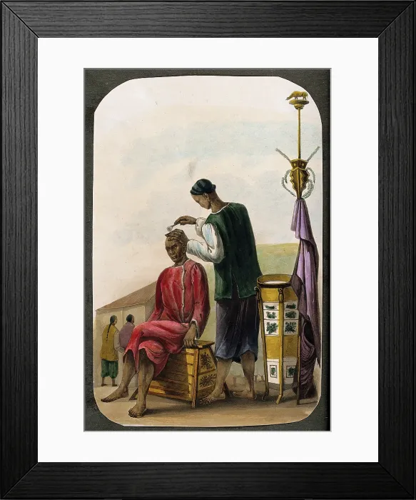 Framed Print : A barber shaving a seated man's head. Creator: Unknown. A barber shaving a seated man's head. Creator: Unknown Framed Print : A barber shaving a seated man's head. Creator: Unknown. A barber shaving a seated man's head. Creator: Unknown