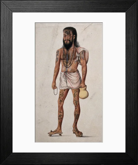 Framed Print : A Hindu ascetic man (sadhu) with beads around his neck is carrying a begging jar and prayer beads. Creator: Unknown Framed Print : A Hindu ascetic man (sadhu) with beads around his neck is carrying a begging jar and prayer beads. Creator: Unknown