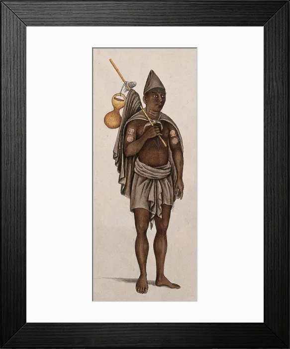 Framed Print : A man in a loincloth is carrying a stick with a cloth and pot. Creator: Unknown Framed Print : A man in a loincloth is carrying a stick with a cloth and pot. Creator: Unknown