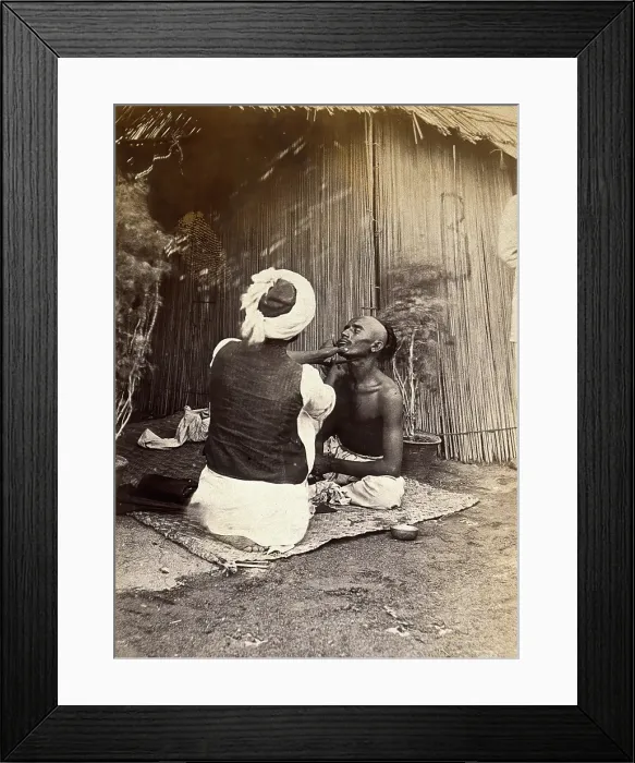 Framed Print : Man being shaved in one of the hospital camps, during the outbreak of bubonic plague... 1897. Creator: Unknown Framed Print : Man being shaved in one of the hospital camps, during the outbreak of bubonic plague... 1897. Creator: Unknown