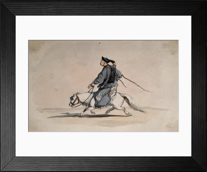 Framed Print : A Chinese soldier bearing weapons on his back, on horseback, 1857. Creator: Charles Wirgman Framed Print : A Chinese soldier bearing weapons on his back, on horseback, 1857. Creator: Charles Wirgman