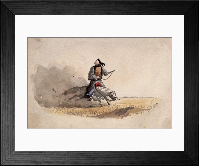 Framed Print : A Chinese soldier bearing a rifle, on horseback, 1857. Creator: Charles Wirgman Framed Print : A Chinese soldier bearing a rifle, on horseback, 1857. Creator: Charles Wirgman