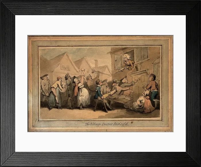 Framed Print : A long queue (line) of angry patients agitating outside the house of a doctor (surgeon... ([1800?). Creator: Thomas Rowlandson Framed Print : A long queue (line) of angry patients agitating outside the house of a doctor (surgeon... ([1800?). Creator: Thomas Rowlandson