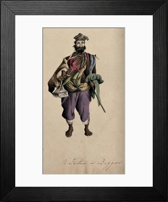 Framed Print : A barefoot man wearing a cloak, hat and beads: he is carrying a stick. Creator: Unknown Framed Print : A barefoot man wearing a cloak, hat and beads: he is carrying a stick. Creator: Unknown