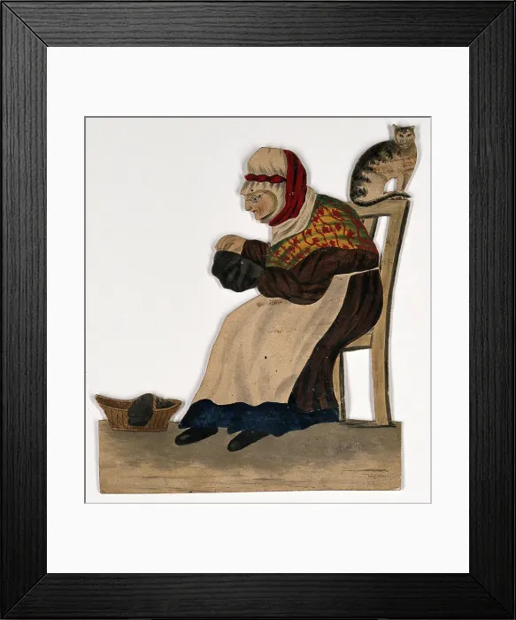 Framed Print : An old woman seated, sewing, with a cat on the back of her chair, 19th century. Creator: Stephen Jenner Framed Print : An old woman seated, sewing, with a cat on the back of her chair, 19th century. Creator: Stephen Jenner