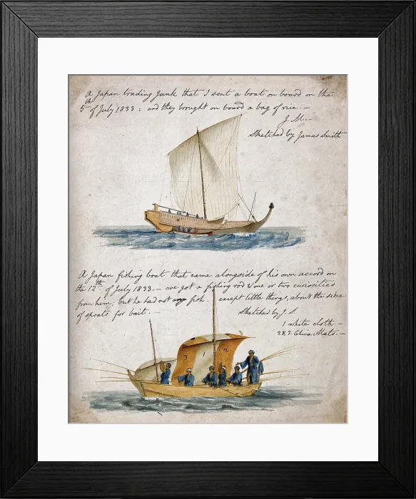 Framed Print : Ship-building: two types of Japanese boat, 1833. Creator: James Smith Framed Print : Ship-building: two types of Japanese boat, 1833. Creator: James Smith
