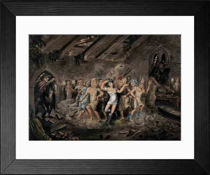 Framed Print : A man on horseback enters a church to discover an orgiastic sabbath. Creator: Unknown Framed Print : A man on horseback enters a church to discover an orgiastic sabbath. Creator: Unknown