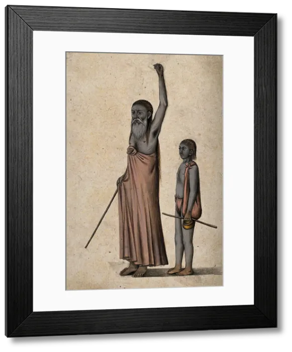 Framed Print : An old Hindu ascetic or holy man: standing, with left arm raised above his head... 1880. Creator: Unknown Framed Print : An old Hindu ascetic or holy man: standing, with left arm raised above his head... 1880. Creator: Unknown