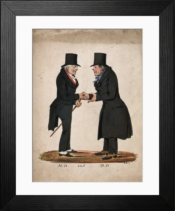 Framed Print : A physician and a divine shaking hands on meeting, 1830-1850. Creator: Stephen Jenner Framed Print : A physician and a divine shaking hands on meeting, 1830-1850. Creator: Stephen Jenner