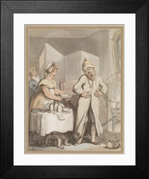 Framed Print : A man in pain receiving medicines from a housemaid, c1800s. Creator: Thomas Rowlandson Framed Print : A man in pain receiving medicines from a housemaid, c1800s. Creator: Thomas Rowlandson