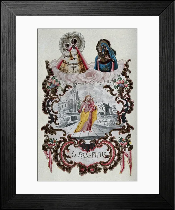 Framed Print : Saint Joseph holding the Christ Child beneath two images of the Virgin and Child. Creator: Unknown Framed Print : Saint Joseph holding the Christ Child beneath two images of the Virgin and Child. Creator: Unknown