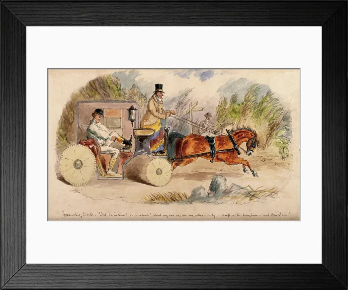 Framed Print : A doctor changing into hunting clothes in his carriage, on his way to a hunt meeting, 1859. Creator: John Leech Framed Print : A doctor changing into hunting clothes in his carriage, on his way to a hunt meeting, 1859. Creator: John Leech