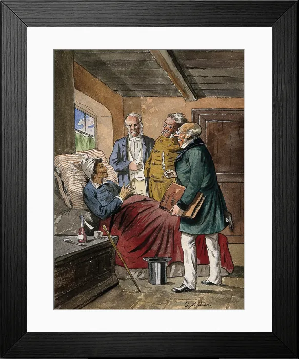 Framed Print : A sick man at home in bed discussing his case with three physicians, c1760s. Creator: Tobias Muller Framed Print : A sick man at home in bed discussing his case with three physicians, c1760s. Creator: Tobias Muller