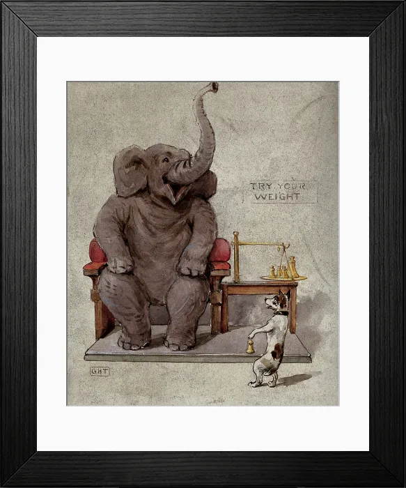 Framed Print : An elephant seated in an armchair is being weighed by a small dog, 1900. Creator: George Hope Tait
