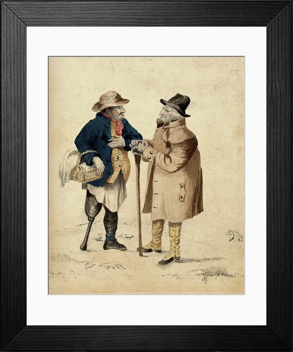 Framed Print : Two old men in conversation: the man on the left holding a basket has a wooden leg, the... Creator: Unknown Framed Print : Two old men in conversation: the man on the left holding a basket has a wooden leg, the... Creator: Unknown