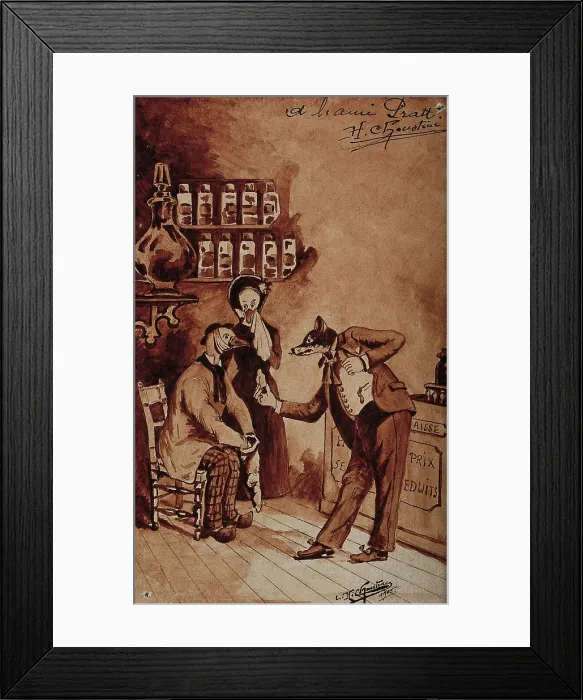 Framed Print : A pharmacy: the pharmacist (a fox) tries to sell medicines to a customer in pain... 1905. Creator: LH Choustrac Framed Print : A pharmacy: the pharmacist (a fox) tries to sell medicines to a customer in pain... 1905. Creator: LH Choustrac