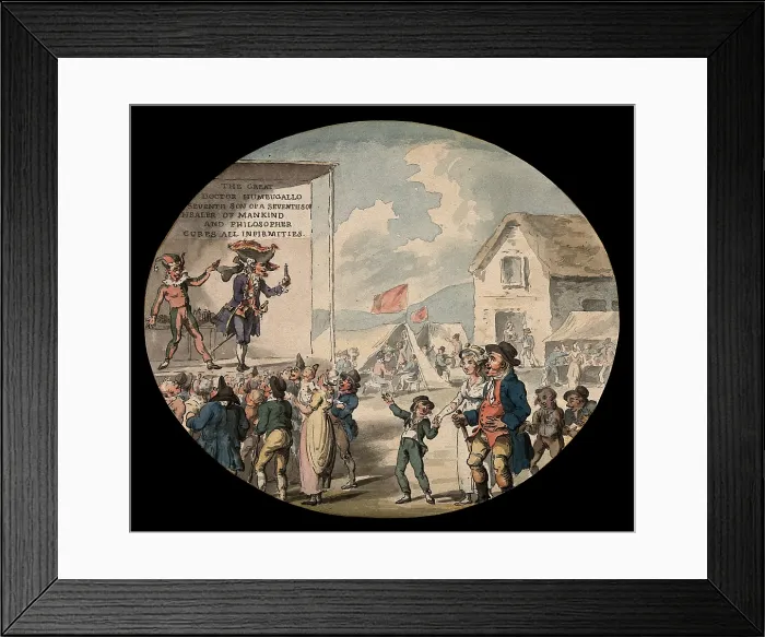Framed Print : Doctor Humbugallo, an itinerant medicine vendor, selling his wares from a stage... c1800s. Creator: Thomas Rowlandson Framed Print : Doctor Humbugallo, an itinerant medicine vendor, selling his wares from a stage... c1800s. Creator: Thomas Rowlandson