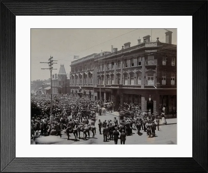 Framed Print : South Africa: a crowd of people gathered outside The Goldfields offices in Johannesburg, 1896. Creator: Unknown Framed Print : South Africa: a crowd of people gathered outside The Goldfields offices in Johannesburg, 1896. Creator: Unknown
