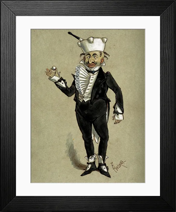Framed Print : A theatrical figure in a tuxedo wearing a pestle and mortar as a hat... 1870s. Creator: Archibald Chasemore Framed Print : A theatrical figure in a tuxedo wearing a pestle and mortar as a hat... 1870s. Creator: Archibald Chasemore