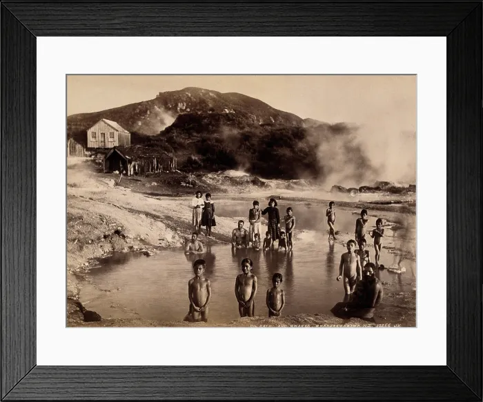 Framed Print : Whakarewrewa, New Zealand: a group of Maori people, thermal baths, ... c1880s. Creator: Unknown Framed Print : Whakarewrewa, New Zealand: a group of Maori people, thermal baths, ... c1880s. Creator: Unknown