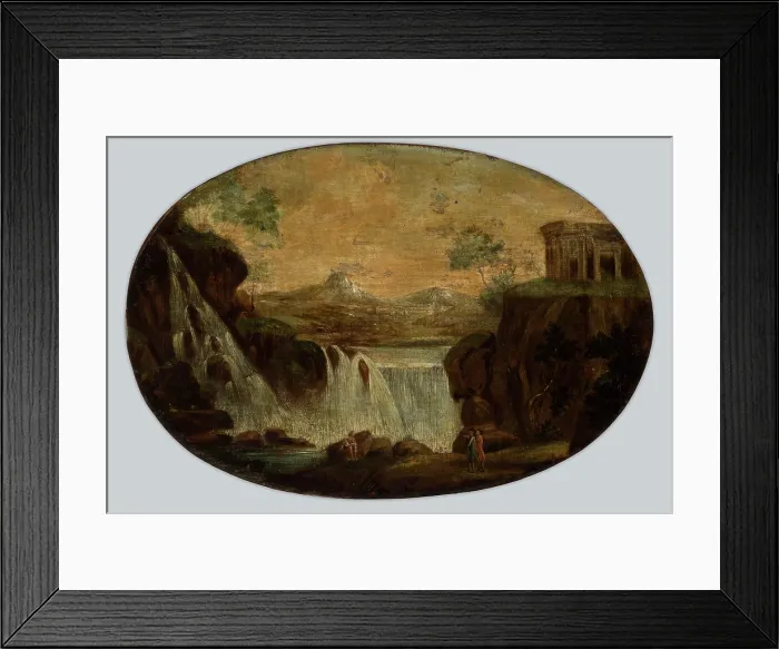 Framed Print : Landscape with a Waterfall and an Ancient Temple (Tivoli?), between 1775-1825. Creator: Unknown Framed Print : Landscape with a Waterfall and an Ancient Temple (Tivoli?), between 1775-1825. Creator: Unknown