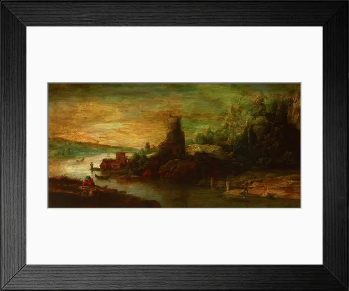 Framed Print : Landscape with a Tower by the Lake, 17th century. Creator: Unknown Framed Print : Landscape with a Tower by the Lake, 17th century. Creator: Unknown