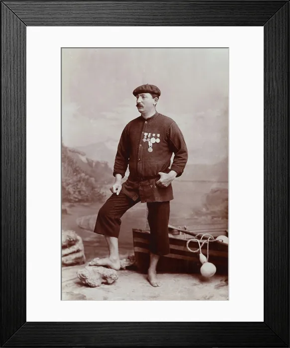 Framed Print : A barefoot Basque fisherman posing with several medals on his tunic, undated, estimated c1900s. Creator: Unknown Framed Print : A barefoot Basque fisherman posing with several medals on his tunic, undated, estimated c1900s. Creator: Unknown