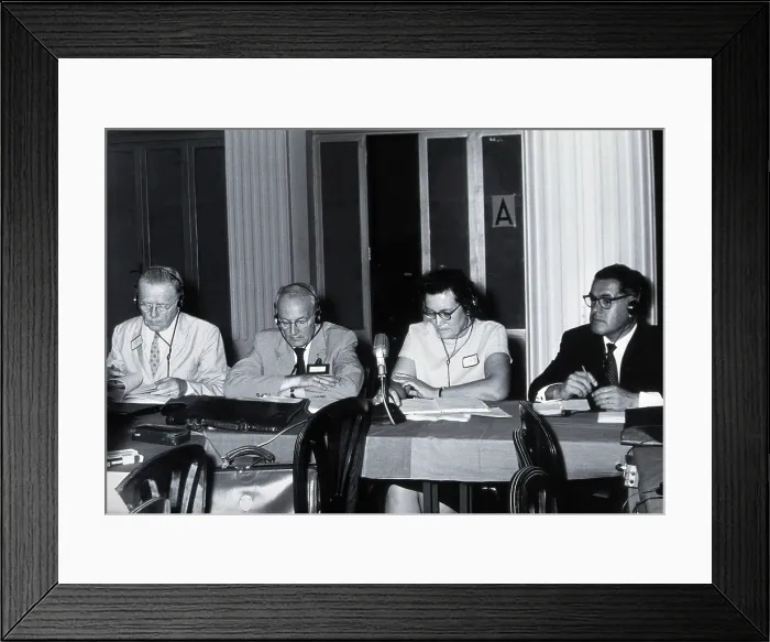 Framed Print : 7th International Congresses on Tropical Medicine and Malaria, Rio de Janeiro: four scientists, 1963 Creator: Unknown Framed Print : 7th International Congresses on Tropical Medicine and Malaria, Rio de Janeiro: four scientists, 1963 Creator: Unknown