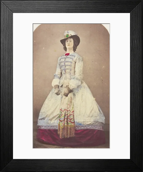 Framed Print : A man in drag wearing an elaborate dress and feathered hat, (20th century?). Creator: Unknown Framed Print : A man in drag wearing an elaborate dress and feathered hat, (20th century?). Creator: Unknown
