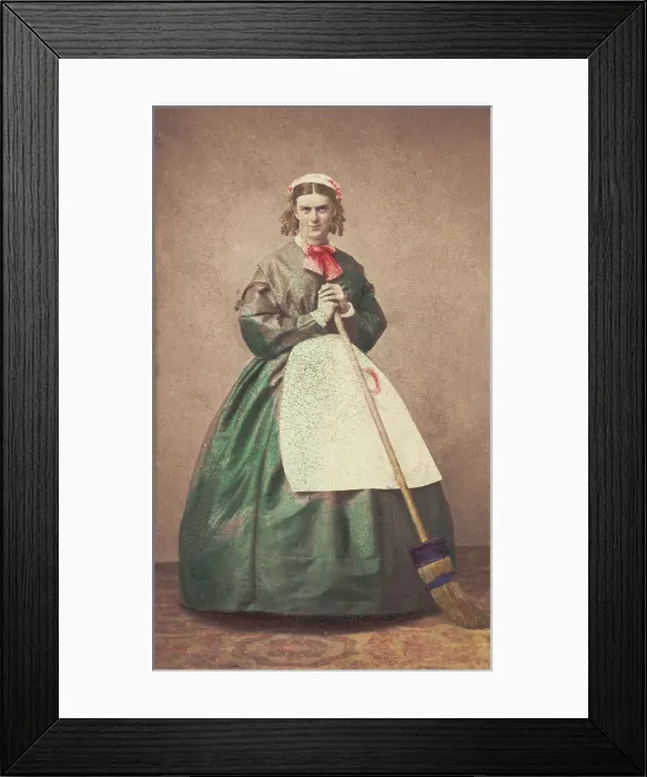 Framed Print : A man in drag holding a broom, 1862. Creator: Unknown Framed Print : A man in drag holding a broom, 1862. Creator: Unknown