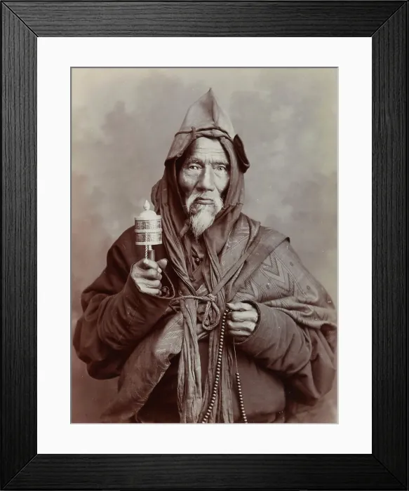 Framed Print : A bearded elderly man, carrying a prayer wheel and a rosary, in a studio setting, c1900. Creator: Thomas Parr Framed Print : A bearded elderly man, carrying a prayer wheel and a rosary, in a studio setting, c1900. Creator: Thomas Parr