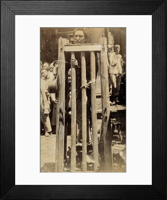 Framed Print : China: a man standing in a locked cage as a method of slow torture or execution, 19th century. Creator: Unknown Framed Print : China: a man standing in a locked cage as a method of slow torture or execution, 19th century. Creator: Unknown