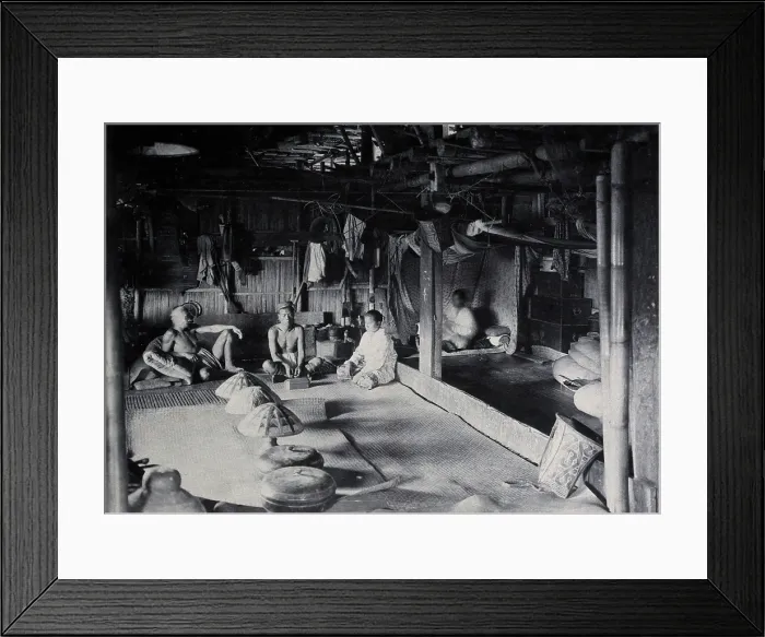 Framed Print : Sarawak: interior of a Kadayan tribal house, with a meal laid out, c1900. Creator: Unknown