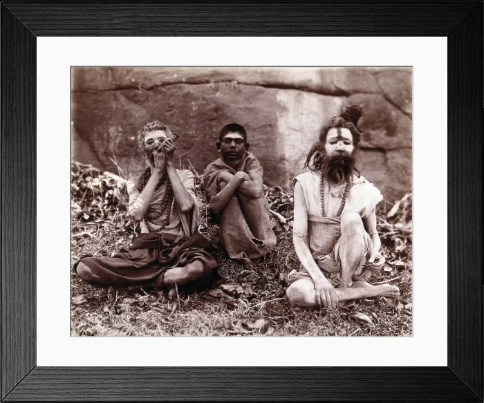 Framed Print : Two men and a boy sitting cross-legged on the ground surrounded by leaves; their faces... 1896 / 1897 Creator: Unknown Framed Print : Two men and a boy sitting cross-legged on the ground surrounded by leaves; their faces... 1896 / 1897 Creator: Unknown