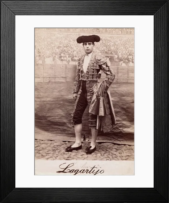 Framed Print : A bullfighter, Rafael Molina Sanchez 'Lagartijo', posing in front of a painted back... c1870s. Creator: Unknown Framed Print : A bullfighter, Rafael Molina Sanchez 'Lagartijo', posing in front of a painted back... c1870s. Creator: Unknown