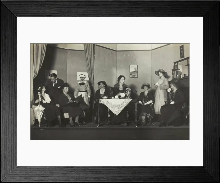 Framed Print : Amateur actors, some in drag, are having tea on stage, [between 1920 and 1929?]. Creator: Unknown