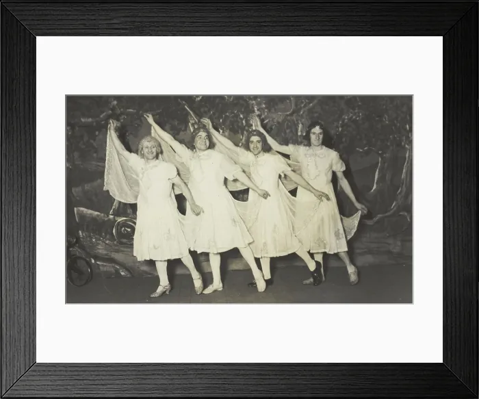 Framed Print : Amateur actors in drag, wearing white dresses and dancing on stage, [between 1910 and 1919?]. Creator: Unknown