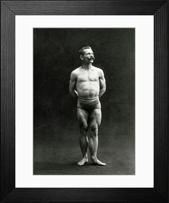 Framed Print : A male bodybuilder wearing bathing trunks, posing in a studio setting, between 1899 and 1908. Creator: Unknown Framed Print : A male bodybuilder wearing bathing trunks, posing in a studio setting, between 1899 and 1908. Creator: Unknown