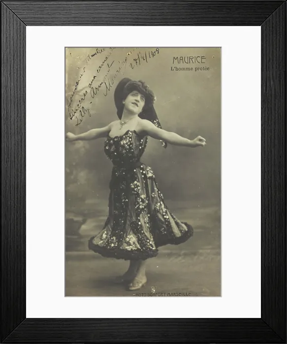 Framed Print : An actor in drag, known as 'Maurice'; poses on stage mid-dance, 1908. Creator: Unknown Framed Print : An actor in drag, known as 'Maurice'; poses on stage mid-dance, 1908. Creator: Unknown