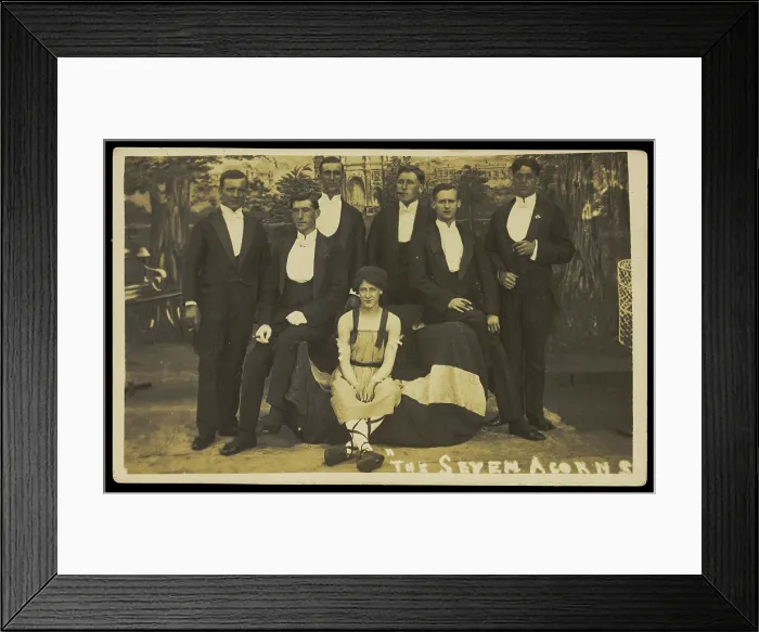 Framed Print : Seven men on stage set of 'The seven acorns', [between 1918 and 1920?]. Creator: Unknown