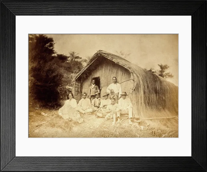 Framed Print : New Zealand: a group of Maori sitting in front of a traditional house, between 1800 and 1899. Creator: Unknown Framed Print : New Zealand: a group of Maori sitting in front of a traditional house, between 1800 and 1899. Creator: Unknown